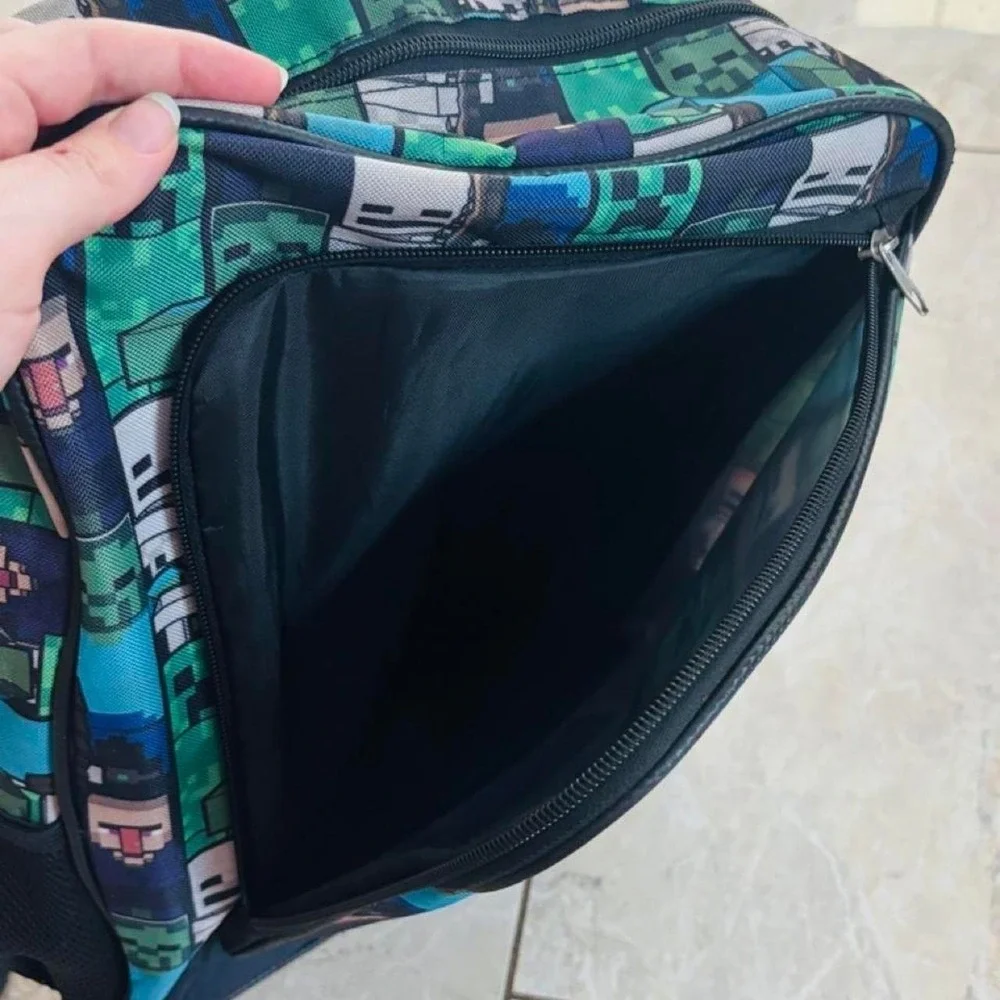 Minecraft Creeper Backpack Green Pixelated Face Gaming School Bag Mesh Pockets